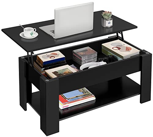 Yaheetech Coffee Table, Lift Top Coffee Table with Storage Compartment & Shelf for Living Room, Wooden Tea Tables with Lift Top, Black