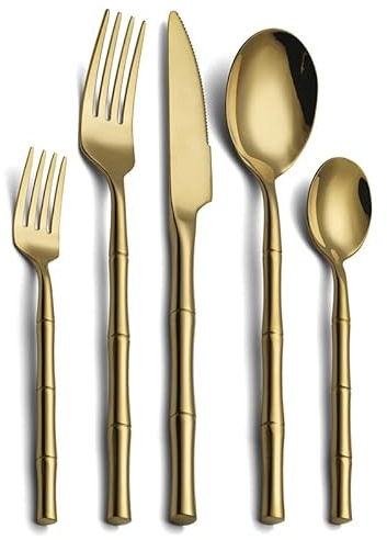 Vajilla Juego de Cubiertos con Mango de bambú de 30 Piezas Juego de Cubiertos Cuchillo para bistec de Acero Inoxidable Juego de Tenedores para Servir a 6 Personas Lavavajillas Servicio de Cena dispo