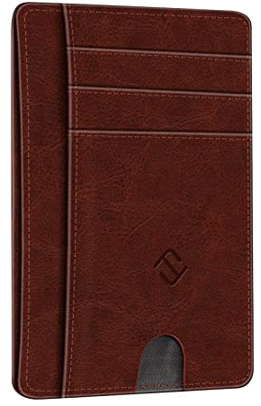 FINTIE Flache Geldbörse Kartenetui, Premium Kunstleder RFID-Blocker Slim Geldbeutel Kreditkartenetui mit ID-Fenster und Schnellzugriff-Fach für Herren Damen, Vintage Braun