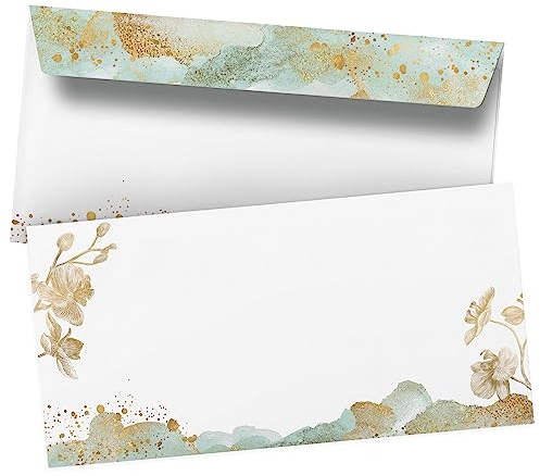 50 Briefumschläge DIN Lang | Orchidee Gold Look | selbstklebend ohne Fenster | Brief-Umschlag mit Design-Motiv bedruckt | 90 g/m²