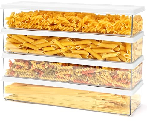 BELLE VOUS 4 Pack of Pasta & Food Storage Containers with Lid - 1100ml/37oz Airtight BPA-free Kitchen/Pantry Organiser - Plastic Rectangular Spaghetti Long Noodle Storage Box