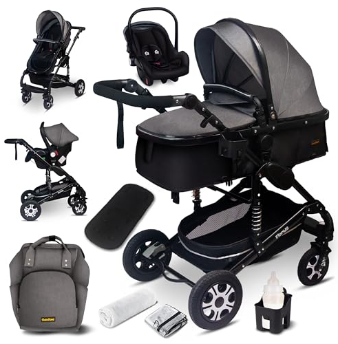 GaGaDumi Florida Kinderwagen 3 in 1 Komplettset mit Autositz - Baby Stroller TÜV - Kombikinderwagen Komplettset Voll-Gummireifen - Wickeltasche Grau/Schwarz