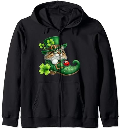 St Patrick’s Day Cat in Shoes - Norwegian Forest - Cute Zip Hoodie