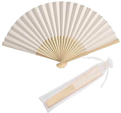 Yuattory Abanico de Mano de Papel de 50 Piezas Abanico Plegable de Mano de Bambú Abanico de Papel Favores de Banquete de Boda (Crema)