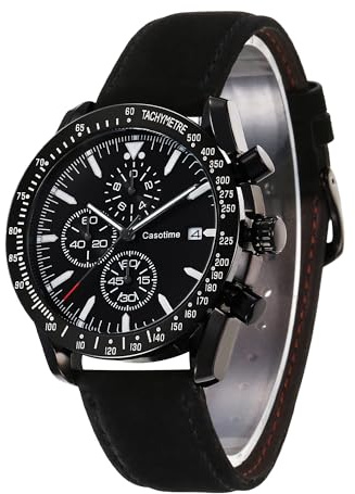 Casotime Orologio Cronografo Uomo in Pelle - Impermeabile 30M, Quarzo Analogico con Data, Quadrante Grande - Classico ed Elegante per Tutti i Giorni, Lavoro & Sport - Regalo Elegante per Uomini