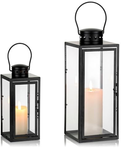 Staymoment Lanternes décoratives noires 24/35 cm extérieures : lot de 2 photophores pour balcon, jardin, décoration moderne, lanterne funéraire, bougeoir