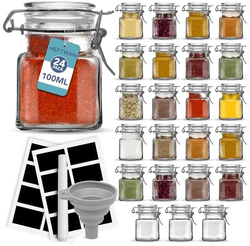 HEFTMAN Clip Top Glass Jars - 24 x 100ml Spice Jars with Lids and Labels Airtight Seal Small Glass Jars with Lids & Funnel Perfect for Herbs, Spices, Oils, Décor, Mini Jam Jars for Spice Rack