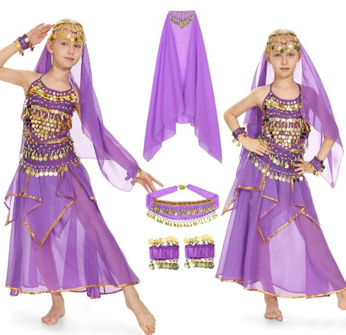 Joellfuner Niña Traje Danza del Vientre Lentejuelas, Danza Vientre Vestido de Princesa, Disfraz Infantil del Vientre con Velo, Vestidos de Carnaval de Rendimiento de Baile (morado, S)