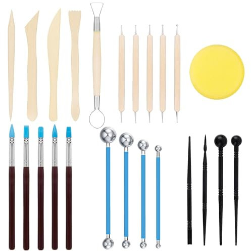 24 Stück Modellierwerkzeug Ton Set,Töpferwerkzeug, Polymer Clay Sculpting Tools,Wooden Carving Profis und Anfänger Clay Modelling Tools für DIY Kunsthandwerk Modellierung Shaping Carving