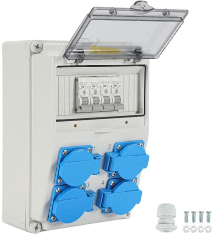 Peviasot - Distribuidor de pared con 4 enchufes Schuko 16A 250V, 4 enchufes CEE 16A 1P, dispensador de corriente de construcción con disyuntor e impermeable