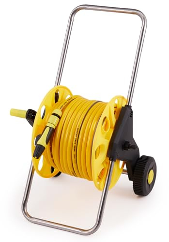DKIEI Garden Hose Reel Cart with 45M Hosepipe & Adjustable Spray Nozzle, Portable Hose Pipe Reel with 2 Wheels, Retractable Freestanding Hose Holder for Outdoor Patio Cleaning & Lawn Watering