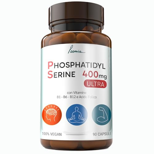 Fosfatidilserina Pura Ps 400mg Contrasta il Cortisolo (Cortisol Blocker) 3 Mesi 90 Capsule Migliora Memoria e Concentrazione Riduce lo Stress Integratore Vitamina B1 B6 B12 Acido Folico Poemia