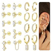 Roheafer Gold Hypoallergenic Flat Back Earrings for Women 316L Surgical Steel Flatback Stud Earrings Trendy Small Hoops Ear Cuff Cartilage Earring Stacks Earring for Multiple Piercing 20G