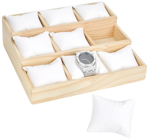 PH PandaHall Wooden Watch Tray, 3-Tier 9 Grids Watch Organizer Stepped Jewelry Tray Bracelet Bangle Display Case Holder Jewelry Show Trays with Adjustable Pillow for Men Women Watches Bracelet Stacks