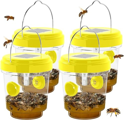 Wasp Traps for Hunting Wasps, Bees, Hornets, Insects, Yellow Jacket Traps, Wasp Trap Catcher, Reusable Solar Powered Hanging for Outdoor, 4 Packs