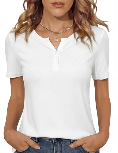 Totatuit T-Shirt da Donna a Manica Corta Scollo a V Estiva Modello Henley con Bottoni Tinta Unita Top Casual Basic