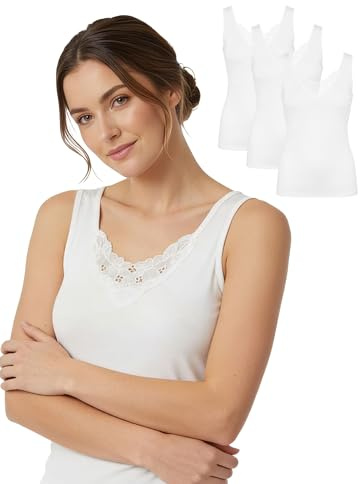 Basic Treasure Lot de 3 maillots de corps pour femme - Blanc - Bretelles spaghetti - En coton - Avec ou sans dentelle