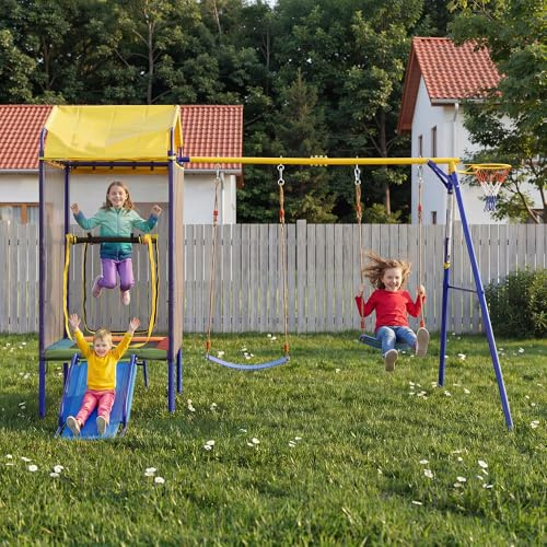 Set di altalena multifunzione per esterni, con trampolino, altalena e scivolo, dispositivo di gioco multifunzione per giardino, con rete di sicurezza, cestino da basket e robusto telaio in ferro (336