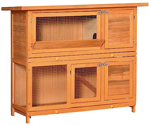 PawHut Conigliera da Esterno in Legno con Rampa a 2 Piani Casetta per Porcellini d'India e Gabbia Casetta per Conigli Animali Piccoli 122x48x100 cm