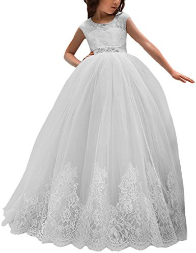 Flower Girl Dress for Wedding Kids Lace Pageant Ball Gowns (Size 8, White)