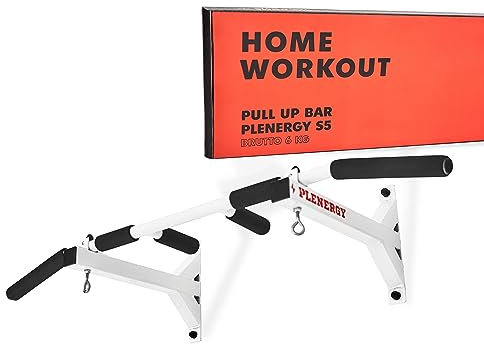Klimmzugstange für Deckenmontage u Wandmontagen, Pull Up Bar Plenergy S5 Black/White, 6 rutschfeste Griffe, inkl. Montagematerial, sicher & stabil (Weiß)