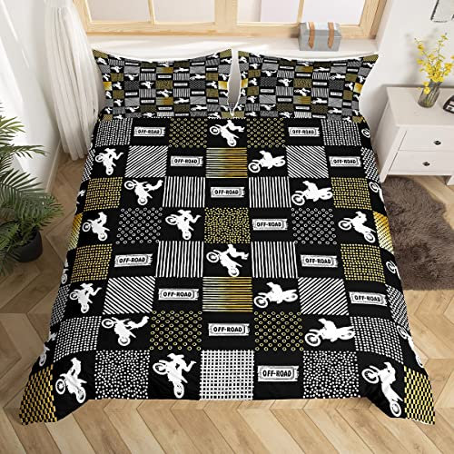 Juego de ropa de cama para motociclistas de motocross, juego de funda de edredón para niños y adolescentes, deportes extremos, funda de edredón geométrica a cuadros de búfalo para motocicleta, 3 piez