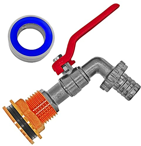 Messing Regentonnen-Durchführung Loch Ø 43mm mit Auslaufhahn Tülle 25mm
