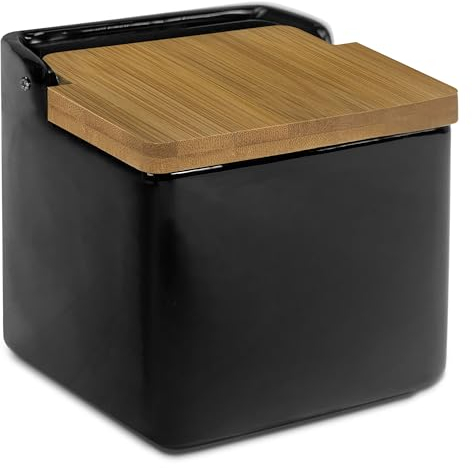 TIENDA EURASIA | Saliera da cucina in ceramica con coperchio | Design originale e moderno | Coperchio in materiale di bambù | Colore nero opaco | Misura 12,2 x 12,2 x 11,5 cm | Facile da pulire