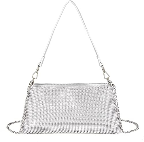 Valleycomfy Pochette de soirée brillante pour femme et fille avec strass pour bal de fin d’année, cocktail, mariage, fiançailles, Argenté