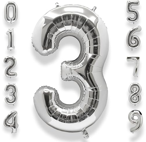 AULE Silver Number 3 Balloon 40 Inch Giant 0-60 Foil Large Balloons | Big Mylar 3 Number Balloon Helium Huge Jumbo for Happy 3rd Birthday Party Anniversary Decorations Supplies