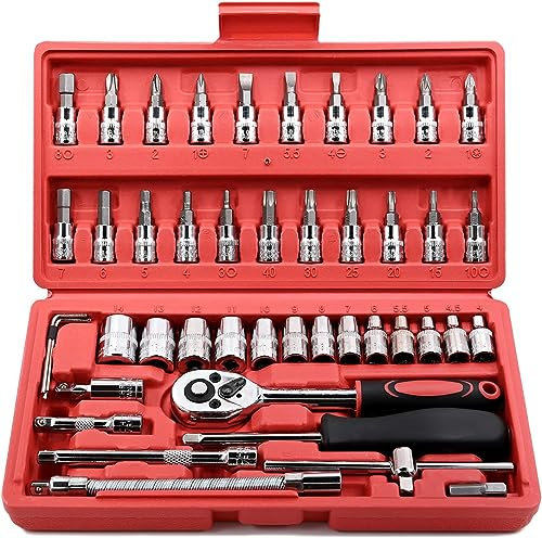 MEETOZ 46Pcs Socket Sett - 1/4 inch Drive Socket Ratchet Wrench Set, with Bit Socket Set Metric and Extension Bar for Auto Repair and Home Maintenance, with Storage Case