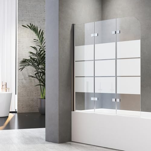 Badewanne Duschwand 140 x 140 cm Duschwand für Badewanne 3-teilig Badewannenfaltwand mit Gestreift 3 teilig Hergestellt aus 6 mm starkem Sicherheitsglas,Sicher und Zuverlässig