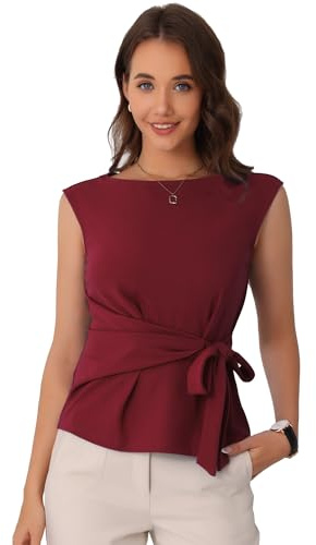 Allegra K Blusa con lazo frontal para mujer, cuello barco, manga casquillo, granate, S