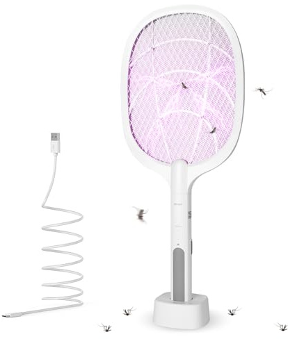 AOOWU Elektrische Fliegenklatsche Extra Stark, Fliegenklatsche Elektrisch Elektro Mückenklatscher mit USB C Ladebasis, UV Insektenvernichter Elektrisch, Mücken Insektenfalle Innen & Außen