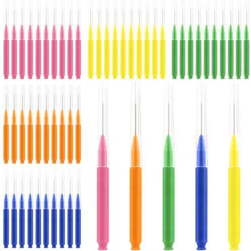 Yuio 50 Stück Interdental Brushes, Interdentalbürsten, Zahnzwischenraumbürsten mit rutschfestem Griff, 5Farben 5Größen Angle Interdentalbürsten gemischt für zwischen Zähnen und Zahnfleisch