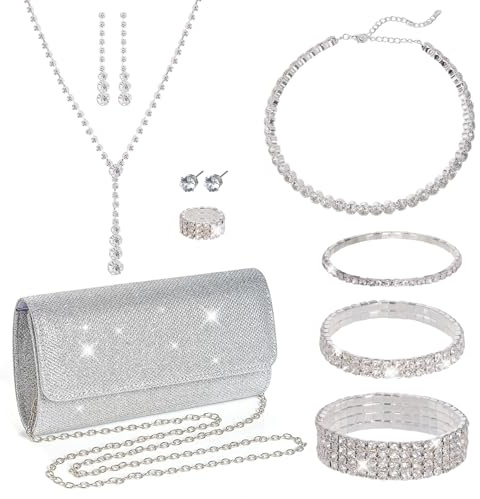 Rbenxia 9 Pieces Women Evening Rhinestone Jewelry Set Bling Glitter Silver Clutch Purse Necklace Earrings Bracelets for Women Bride Wedding Evening Party