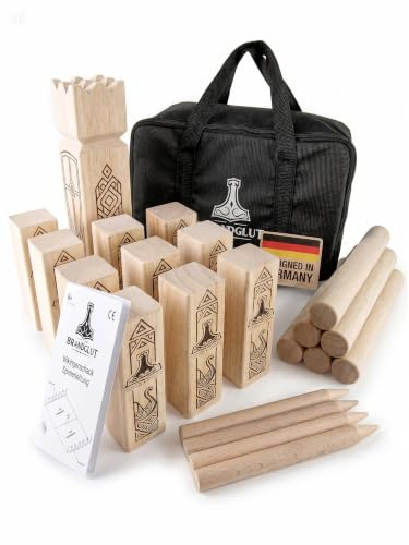Kubb Wikinger Wurfspiel mit Tragetasche [Brandgravur] aus Gummibaumholz Rasenschach Schweden Schach Holz Spiel Premium | für Erwachsene & Kinder
