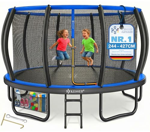 KESSER® Trampoline d'extérieur Ø 244/305/366/427 cm, certificat GS, trampoline de jardin pour enfants et adultes < 50 kg avec filet de sécurité, sac, échelle, housse de bord et barres de filet