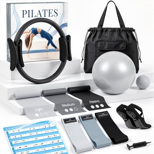 GINMIC 13 Pièces Kit Pilates Maison, avec Anneau Pilates, Ballon Pilates, Poids Poignet et Poids Cheville Réglables, Bande Élastique Musculation pour Jambe Traction, Convient Débutantes et Femmes