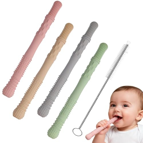 Set di 4 tubi da masticare per bambini, anello per dentizione per bambini, refrigerante, aiuto per la dentizione, adatto per bambini di 3 mesi e più, texture morbide, giocattolo per dentizione in