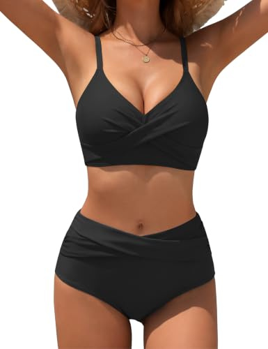 Nadeer Maillot de Bain Femme 2 Pieces Taille Haute Ensemble Bikini Blocage des Couleurs Sexy Push Up Élégant Swimsuit de Plage et Piscine(Noir,L)