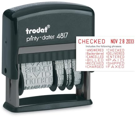 Trodat Printy 4817 Economy Dial-A-Phrase, 12 Popular Office Messages, Month in Letters, Day and Year in Numbers, Rubber Date Stamp – Self Inking (Red)