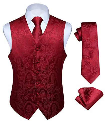 Hisdern - Ensemble pour homme en tissu jacquard avec gilet à motif cachemire, cravate à motif et mouchoir de poche - Pour mariage et fête - XS-6XL, bordeaux, L