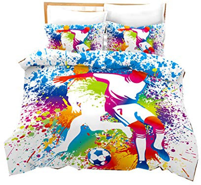 Sticker Superb Ropa de Cama para Niños Fútbol Pintado Diseño 3D Funda Nórdica Deportiva Funda de Almohada Juego de Ropa de Cama (Fútbol 4, Funda Nórdica 180x220 cm - Cama 90)