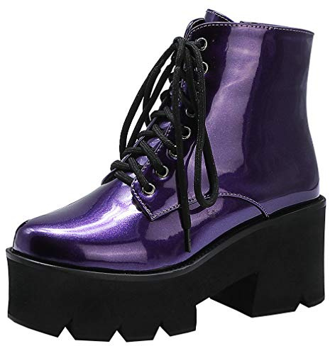 Parisuit Women's Chunky Gothic High Heels Lace Up Ankle Boots Patent Leather Platform Booties Fashion Punk Shoes-purple size 10.5