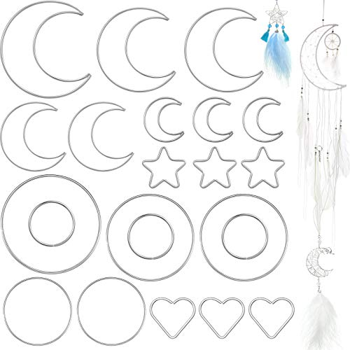 22 Pieces Dream Catcher Rings Metal Macrame Hoops Round Star Moon Heart Shape Macrame Rings for DIY Crafts Dream Catcher Making Home Wall Hanging Wreath Decoration (Silver)