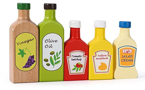 SOKA Wooden Pretend Play Kitchen Food Sauces & Oils Condiments Set Developmental Montessori Activity Toy Playset for Kids Toddlers Children Boy Girl Ages 2 year old +