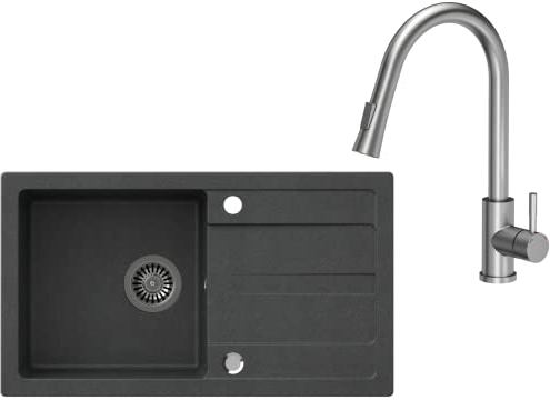 VBChome Spülbecken mit Armatur 77 x 44 cm Granit Einzelbecken Einbauspüle Abtroffläche Gesprenkelt Reversibel Verbundspüle Küchenarmatur + Siphon