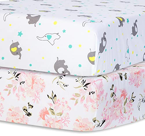 Bimocosy Spannbettlaken Spannbetttücher für Babybetten Kinderbett, atmungsaktives Mikrofaser Matratzenbettlaken, Oeko-TEX Zertifiziert, 70x140cm, 2er, Blumen/Häschen