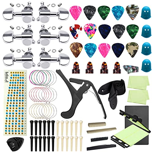 TTCR-II Gitarren Zubehör Set,84 Pcs Gitarrenzubehör mit Gitarren Stimmgerät, 6 Gitarren Mechaniken,Kapodaster für Gitarre,15 Gitarre Plektrum,3 Set Gitarrensaiten,5 Fingerpicks,4 Fingerschutz,Gurt
